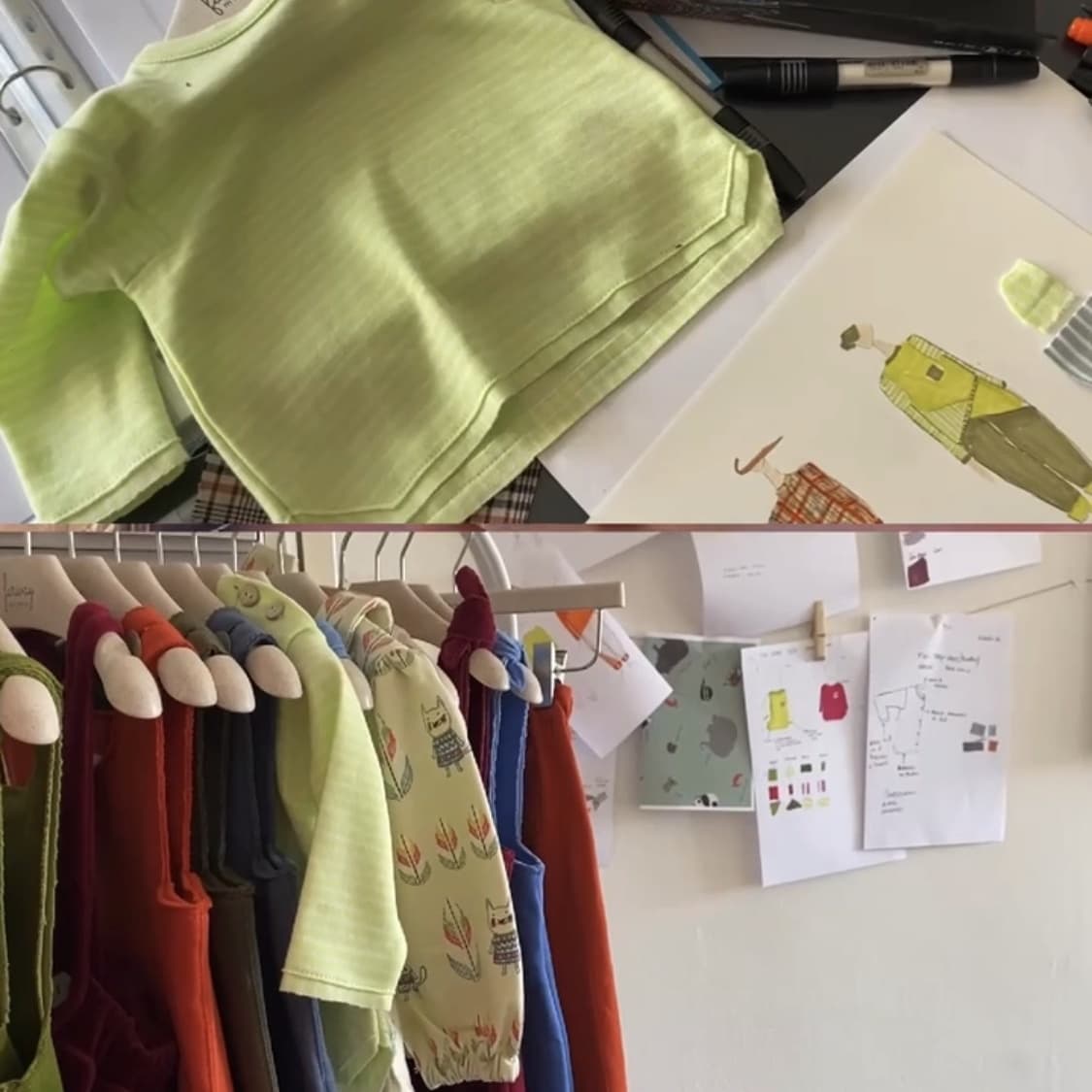 The finished pieces of the collection next to the sketches