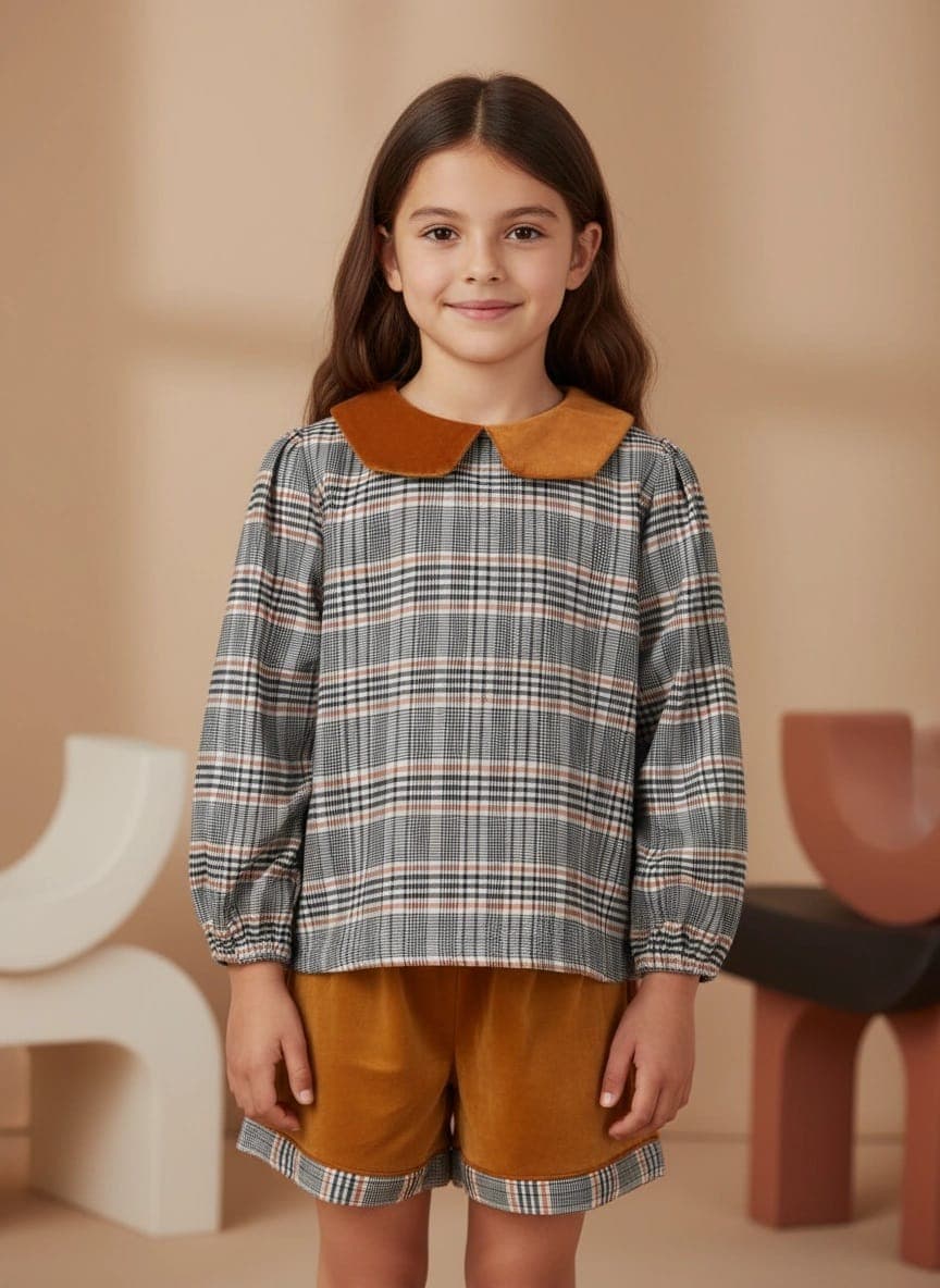 Camicia Scacchi con colletto in velluto Marrone e mocha Front di Farway Milano