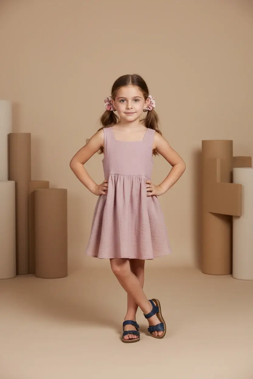 Abito Charlotte smanicato in mussola Rosa cipria e nude Front