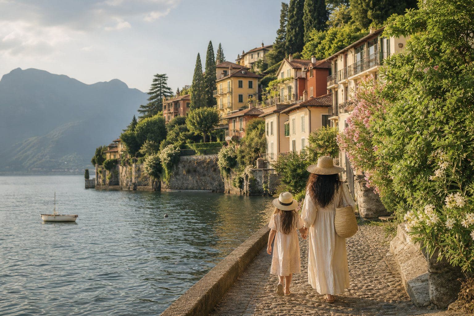 Mamma e bambina passeggiano sul lungolago di Varenna, Lago di Como
