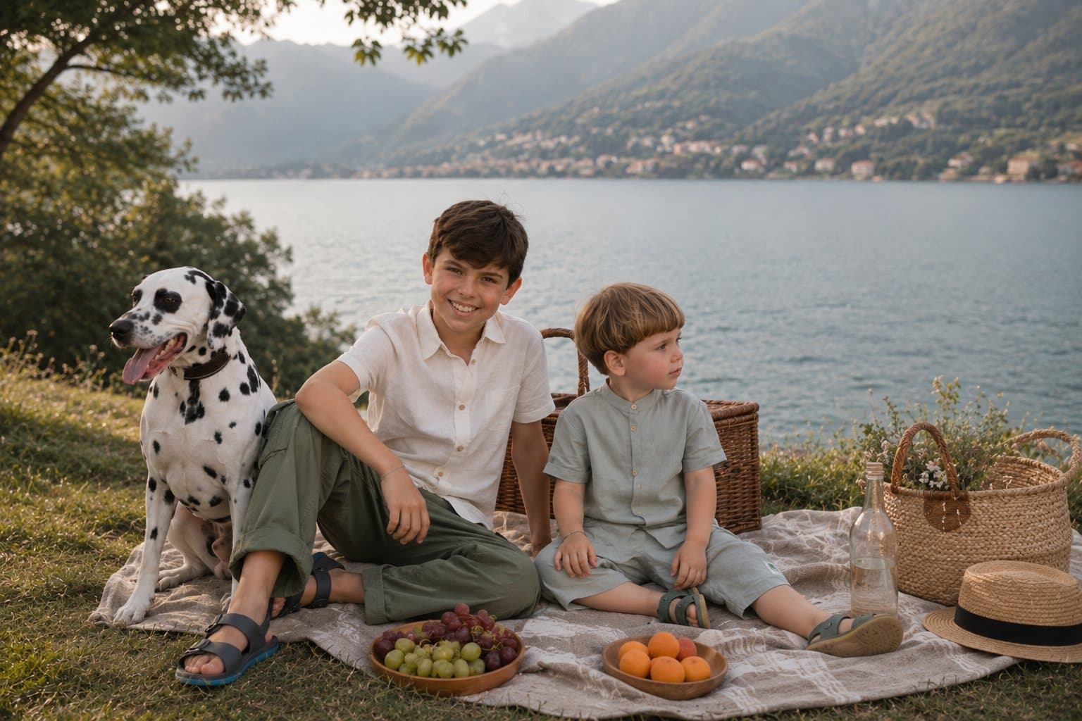 Bambini con abiti Farway Milano durante un picnic estivo in riva al lago