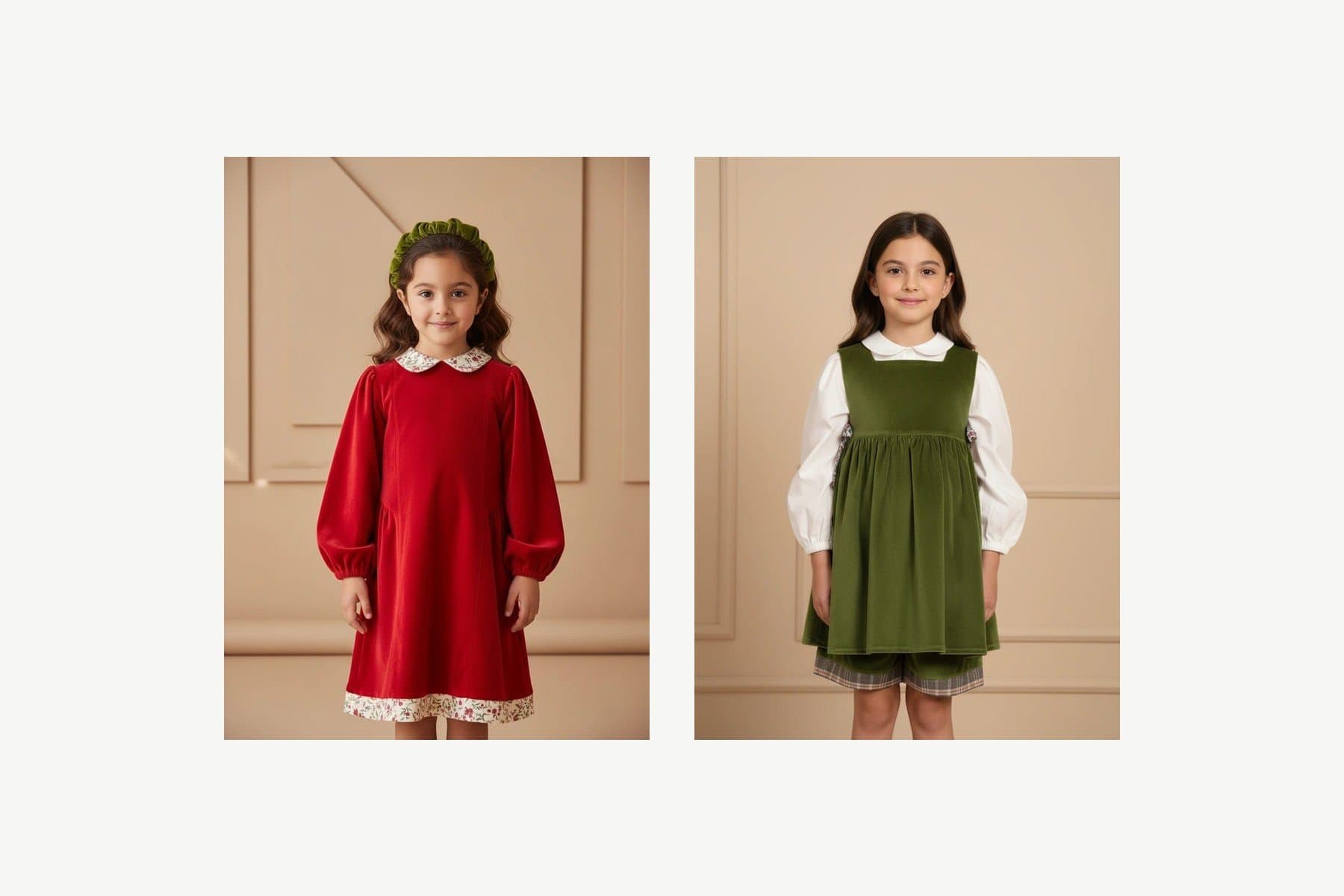 Abiti di velluto Farway Milano rosso ciliegia e verde bosco per le feste di Natale