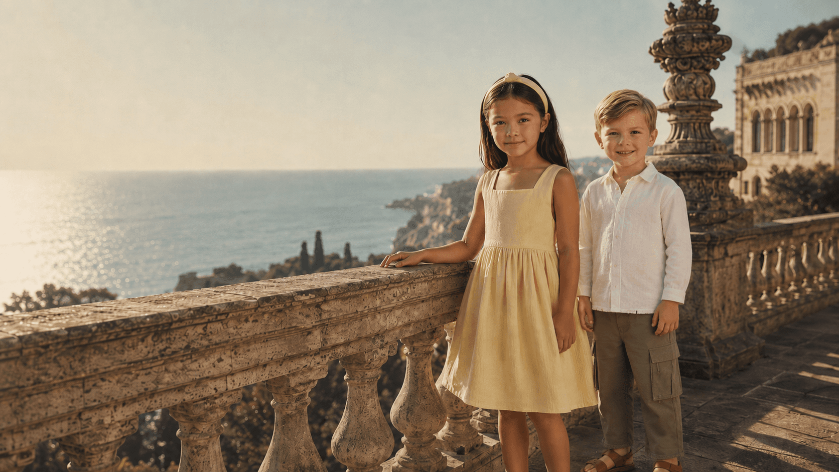 Bambina e bambino Farway Milano su una terrazza vista mare
