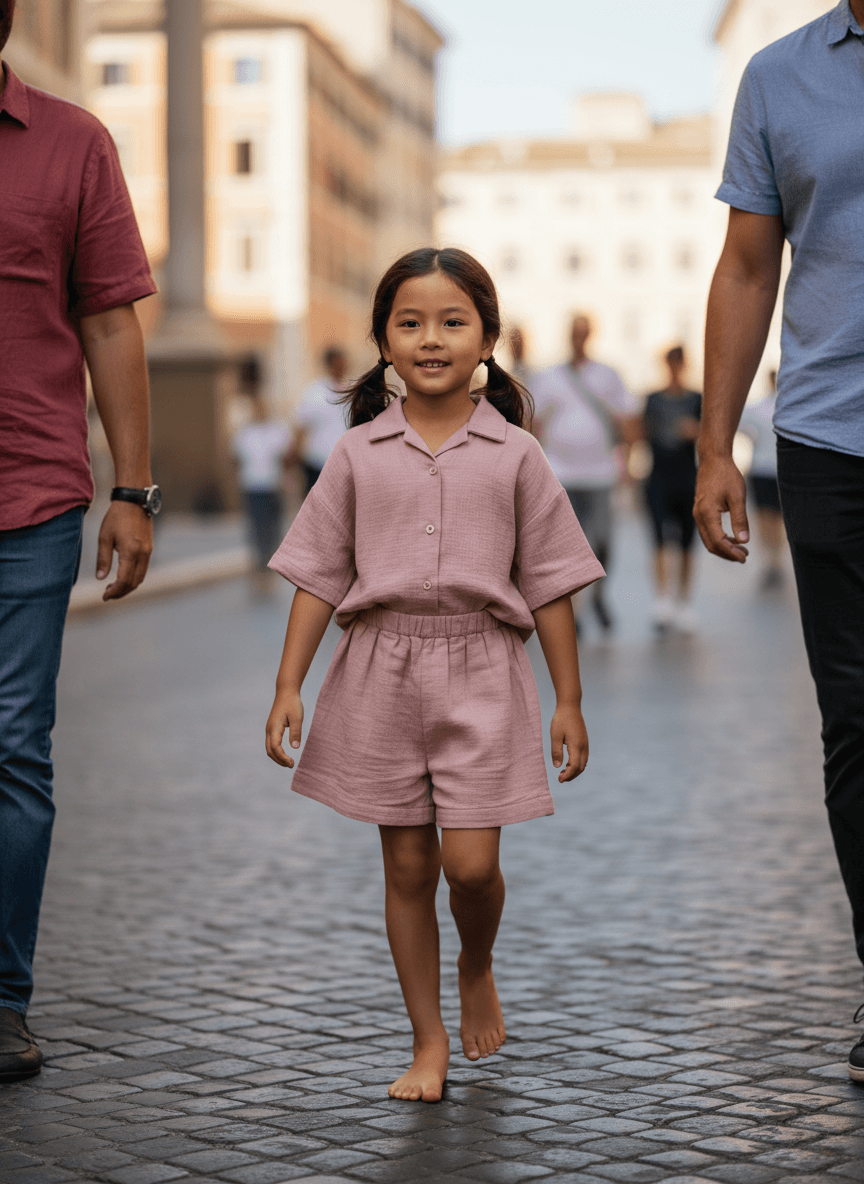 Pantaloncino svasato mussola Rosa pastello e antico Passeggiata con mamma e papa di Farway Milano