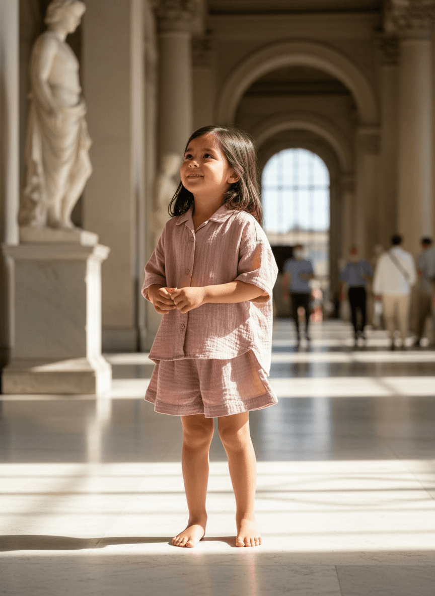 Pantaloncino svasato mussola Rosa pastello e antico Pomeriggio al museo di Farway Milano