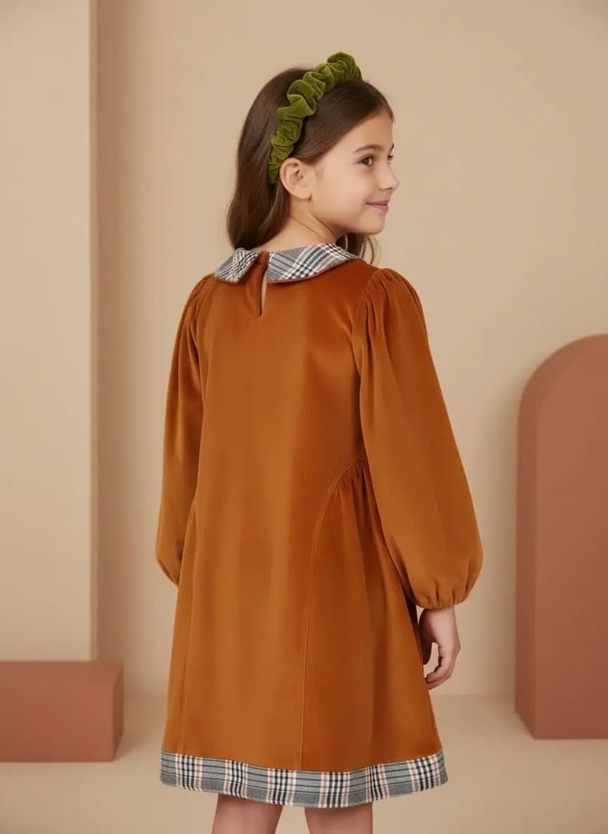 Long-Sleeve Velvet Dress Yellow and ochre Back by Farway Milano
