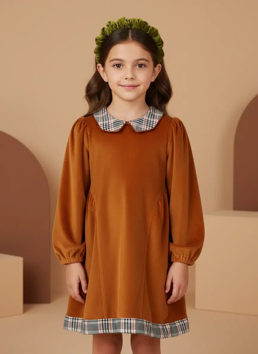 Long-Sleeve Velvet Dress Yellow and ochre Front by Farway Milano
