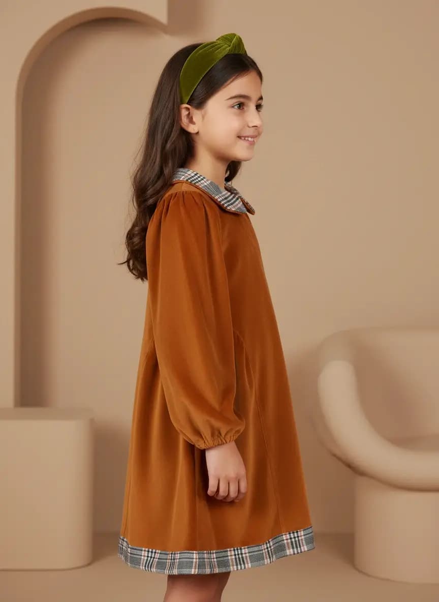 Long-Sleeve Velvet Dress Yellow and ochre Side by Farway Milano