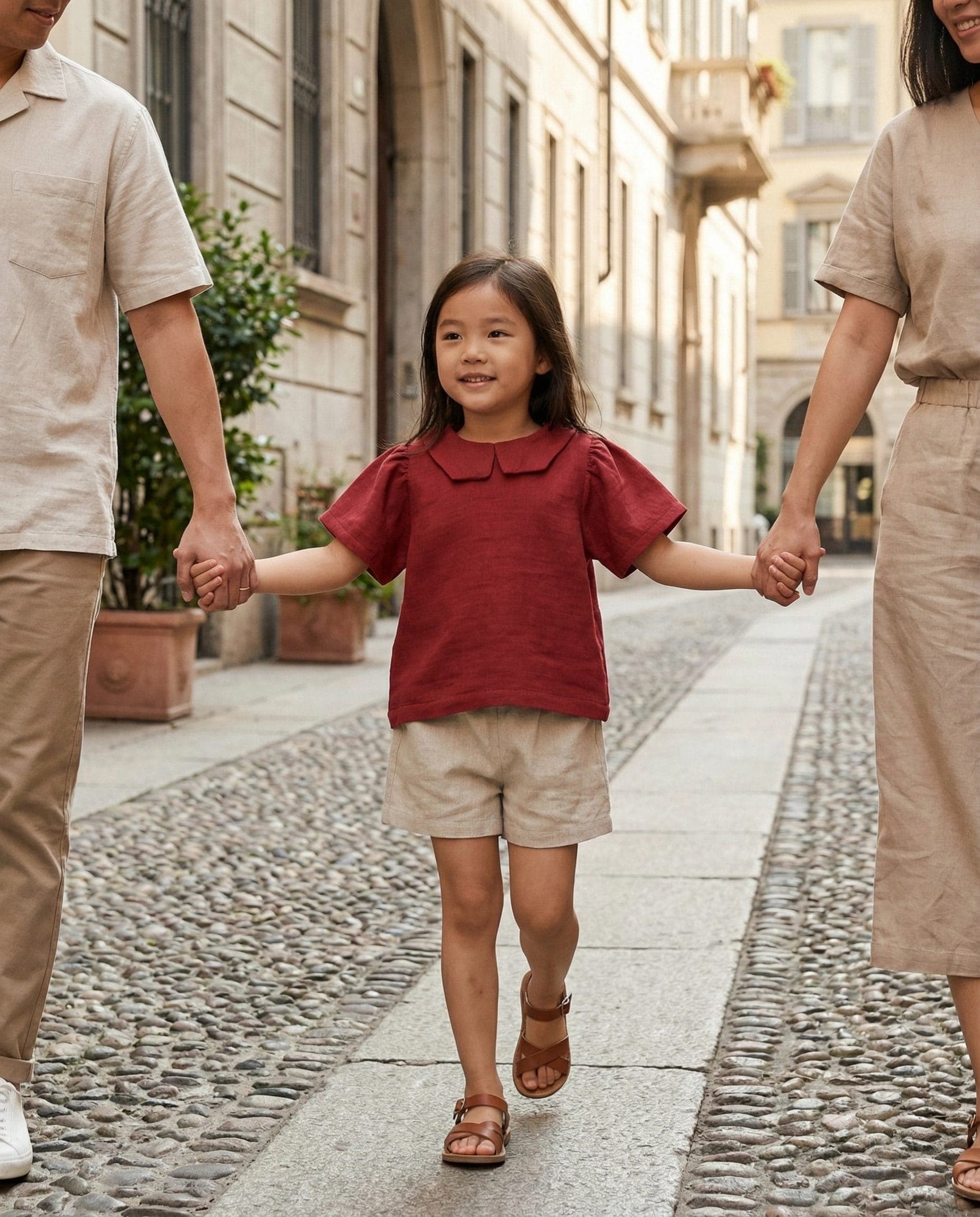 Camicia Masha manica scampanata Rosso e ciliegia Passeggiata con mamma e papa di Farway Milano