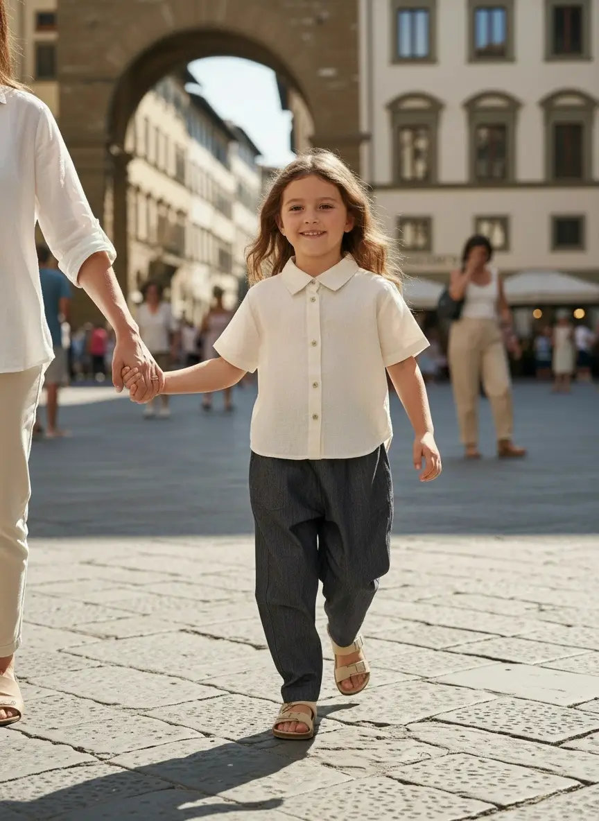 Camicia in lino manica corta Panna e avorio Passeggiata con mamma e papa di Farway Milano