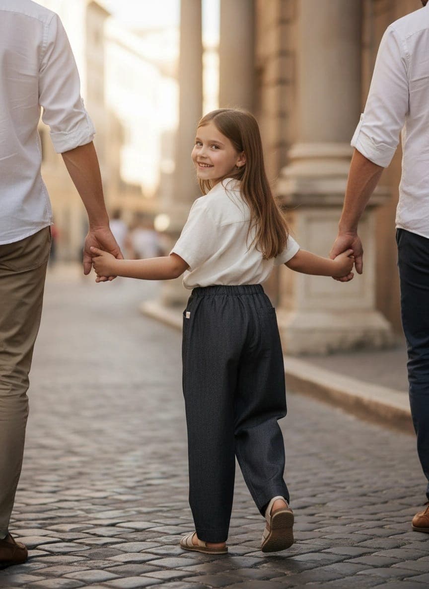 Pantalone denim Azzurro polvere e denim Passeggiata con mamma e papa di Farway Milano