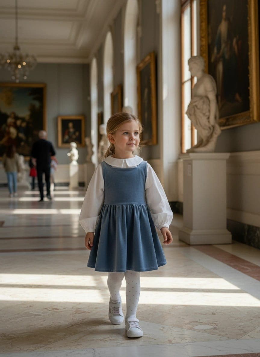 Abito Anjeliy Smanicato in velluto Azzurro polvere e denim Pomeriggio al museo di Farway Milano