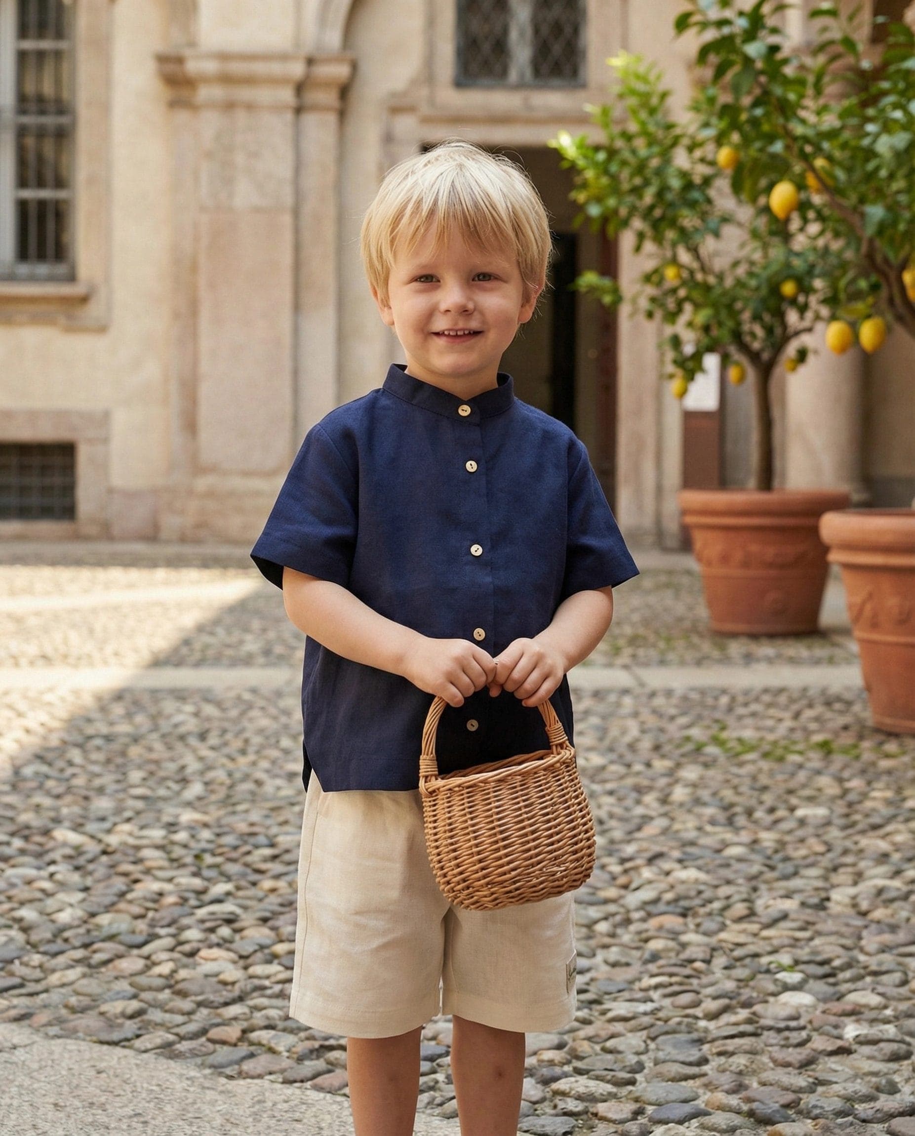 Camicia alla Coreana in Lino Blu navy e notte Cerimonia in famiglia di Farway Milano