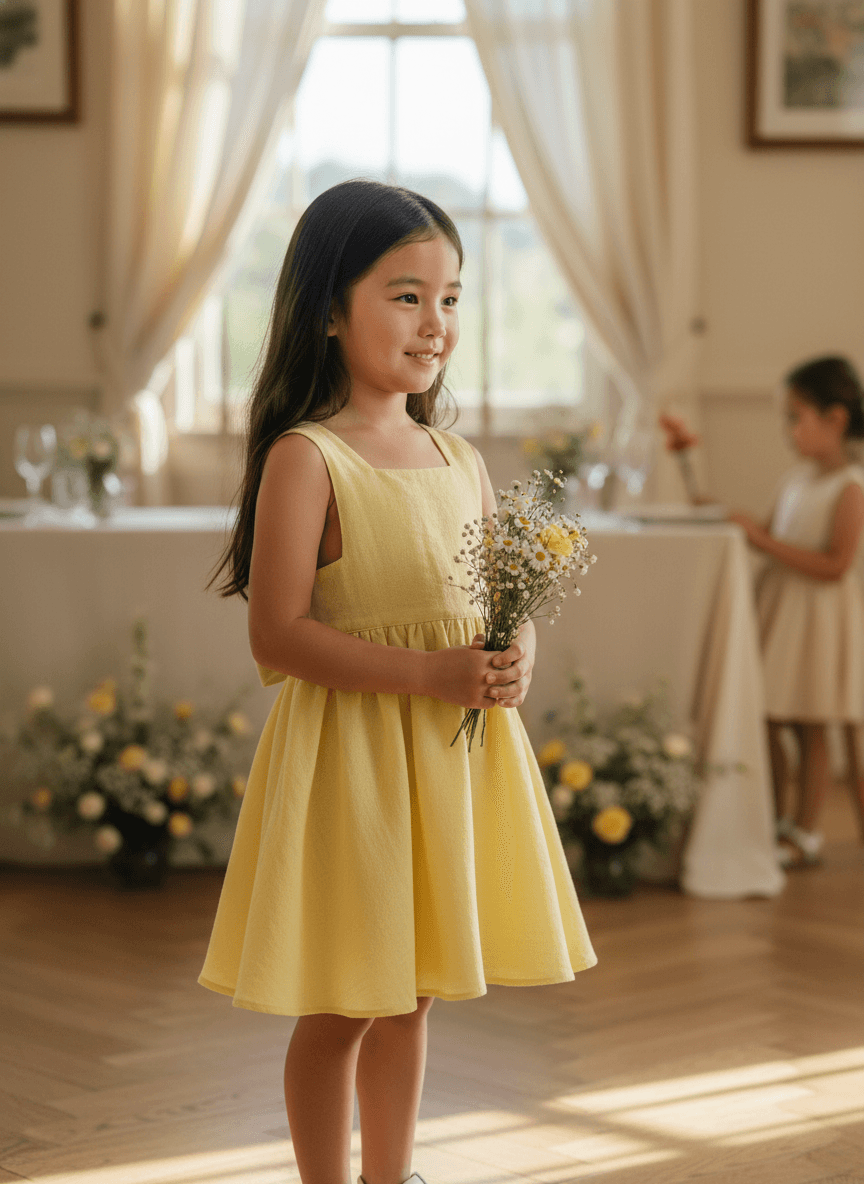 Abito Charlotte smanicato in mussola Giallo e ocra Cerimonia in famiglia di Farway Milano