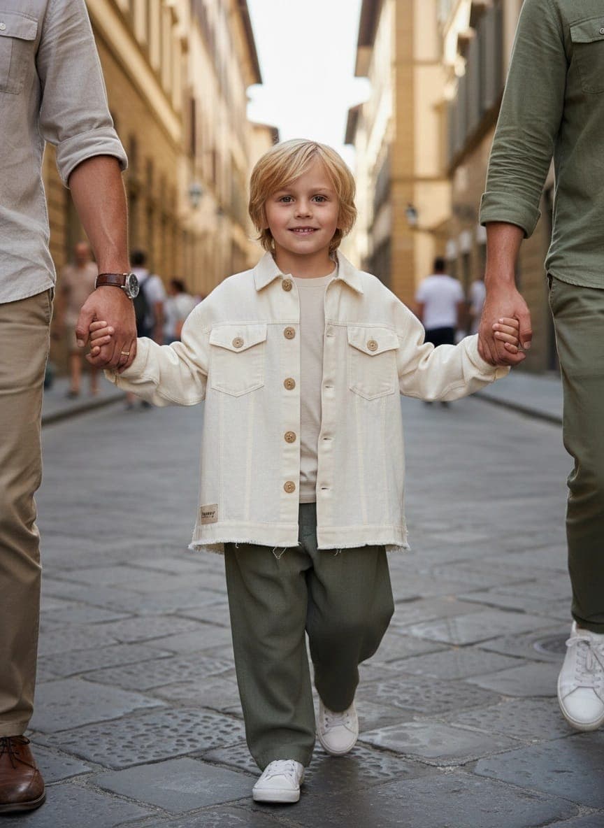 Giacca Lino Bianca Nuova Panna e avorio Passeggiata con mamma e papa di Farway Milano