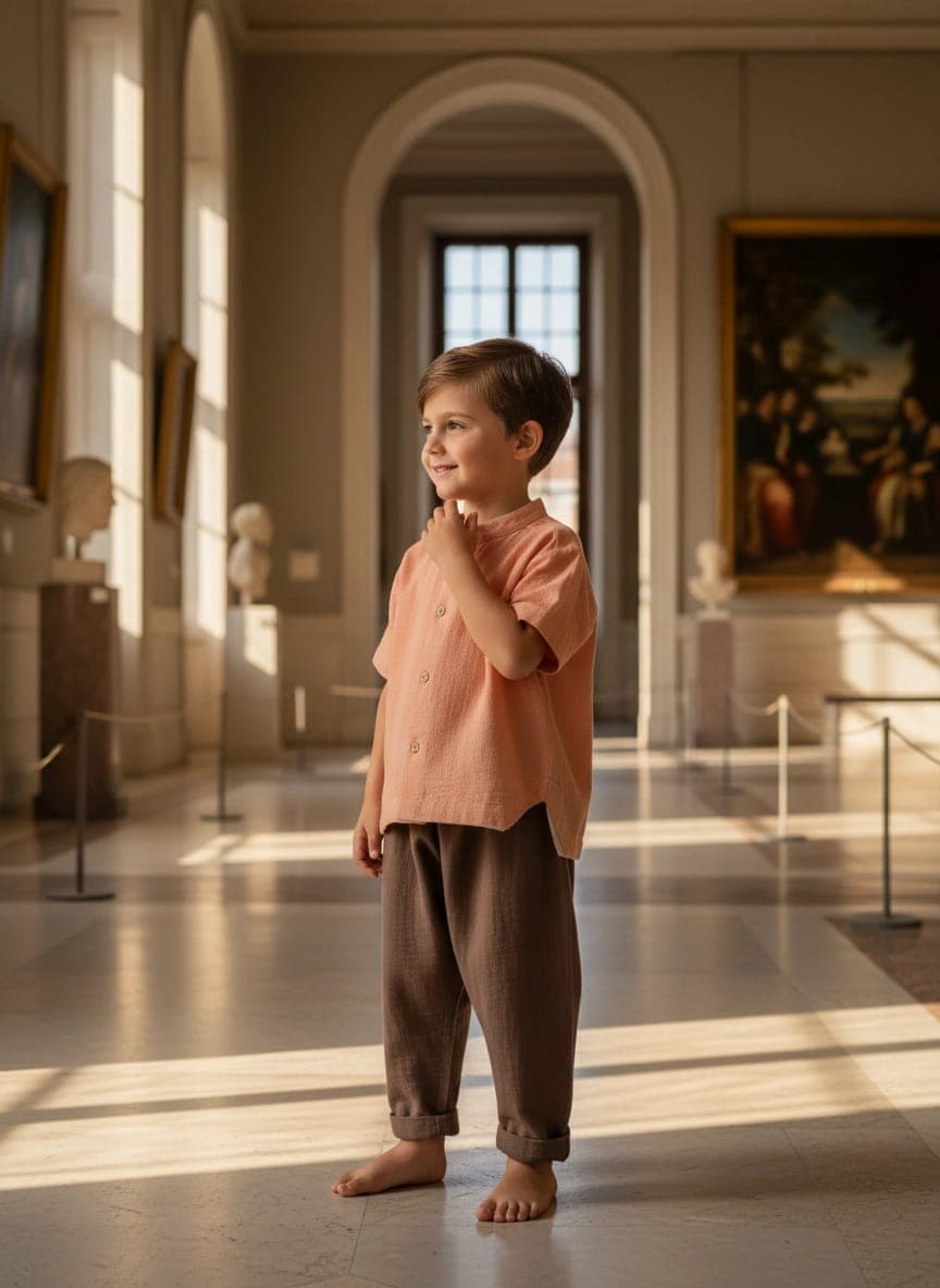 Camicia alla Coreana in Mussola Rosa pastello e antico Pomeriggio al museo di Farway Milano