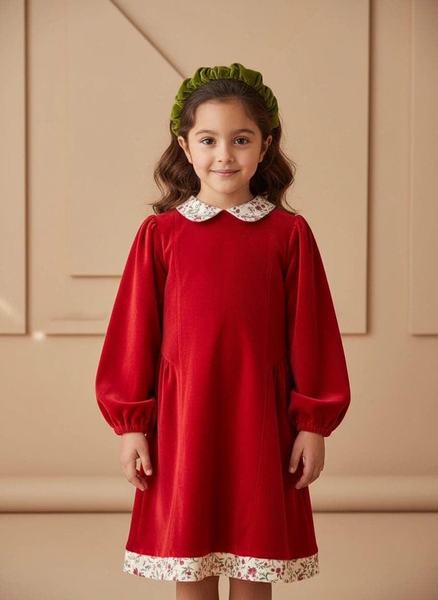Long-Sleeve Velvet Dress Red and cherry Front by Farway Milano