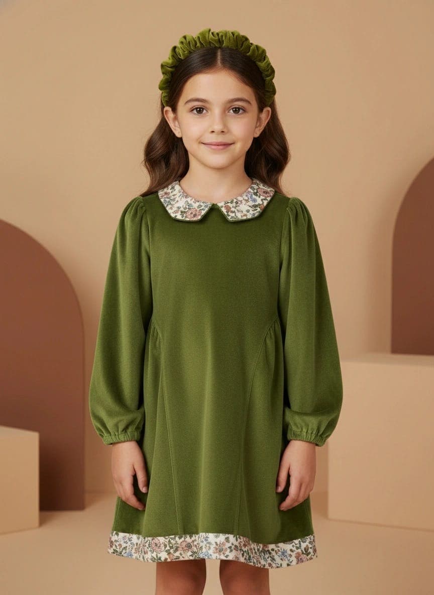 Long-Sleeve Velvet Dress Forest and dark greens Front by Farway Milano