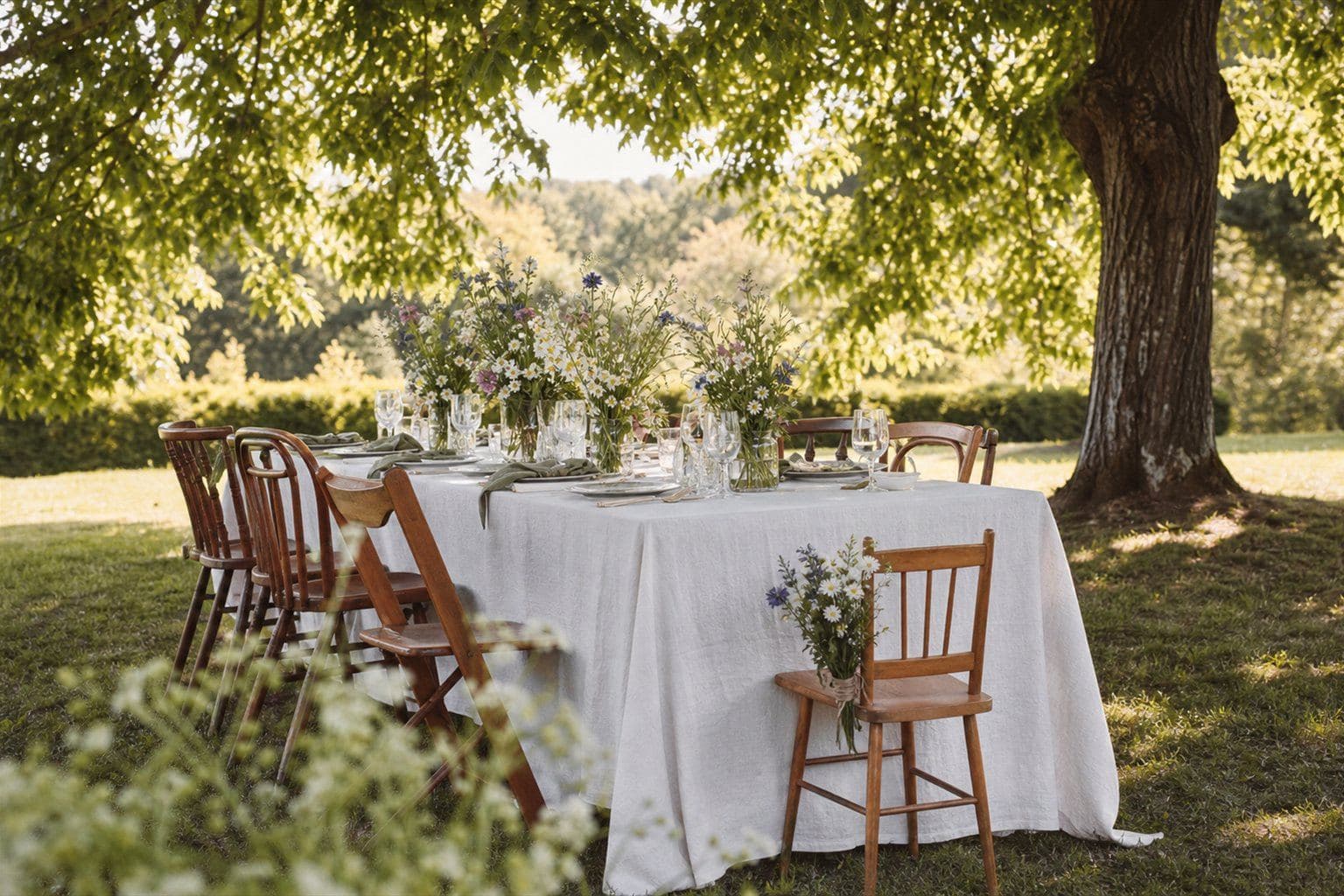 Tavola elegante apparecchiata in giardino per una cerimonia in famiglia