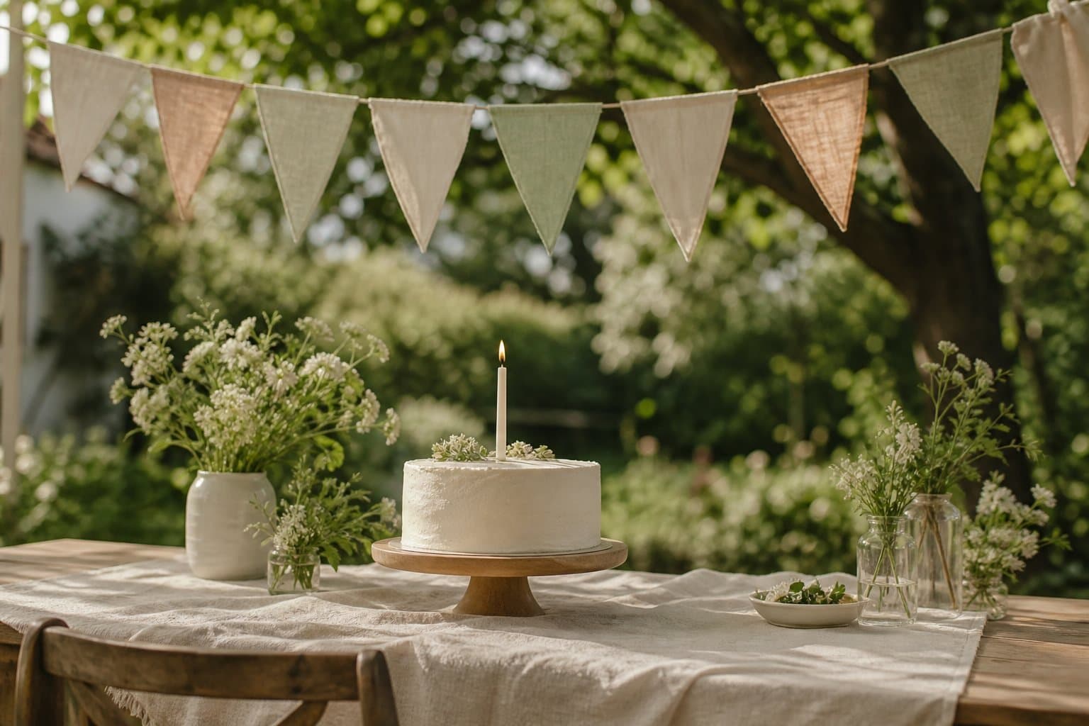 Tavolo di primo compleanno in giardino con torta e bandierine in tessuto