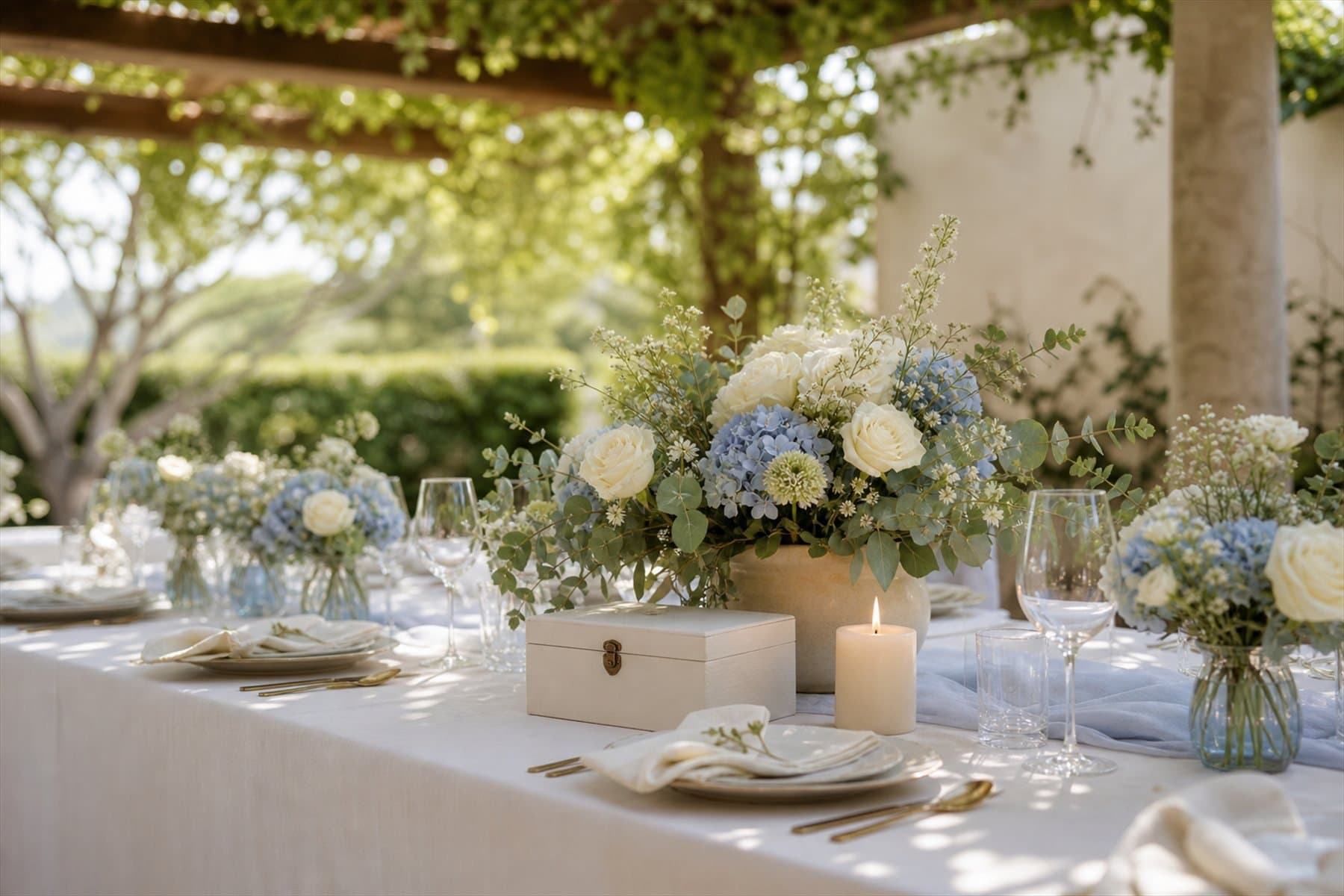 Tavola elegante apparecchiata in giardino per un battesimo