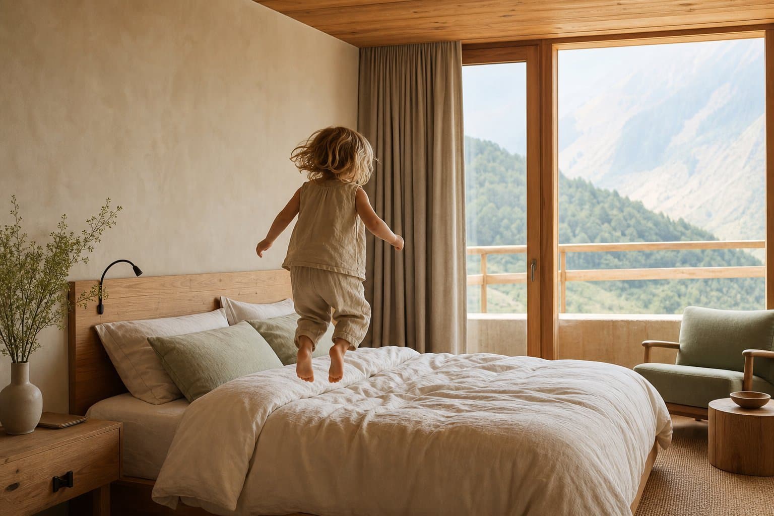 Camera d'hotel di design con bambino che salta sul letto