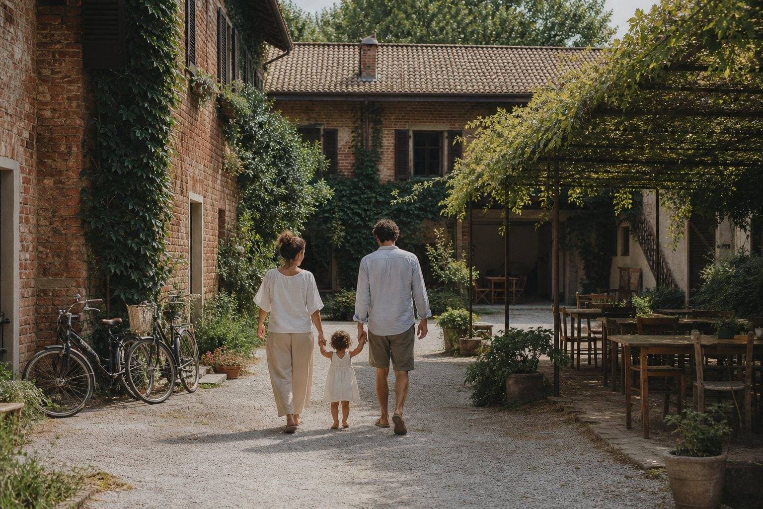 Cortile di cascina milanese con pergola, tavoli in legno e una famiglia
