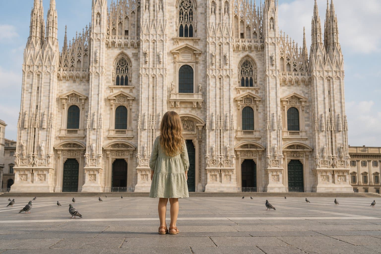 Bambina in abito verde salvia guarda il Duomo di Milano