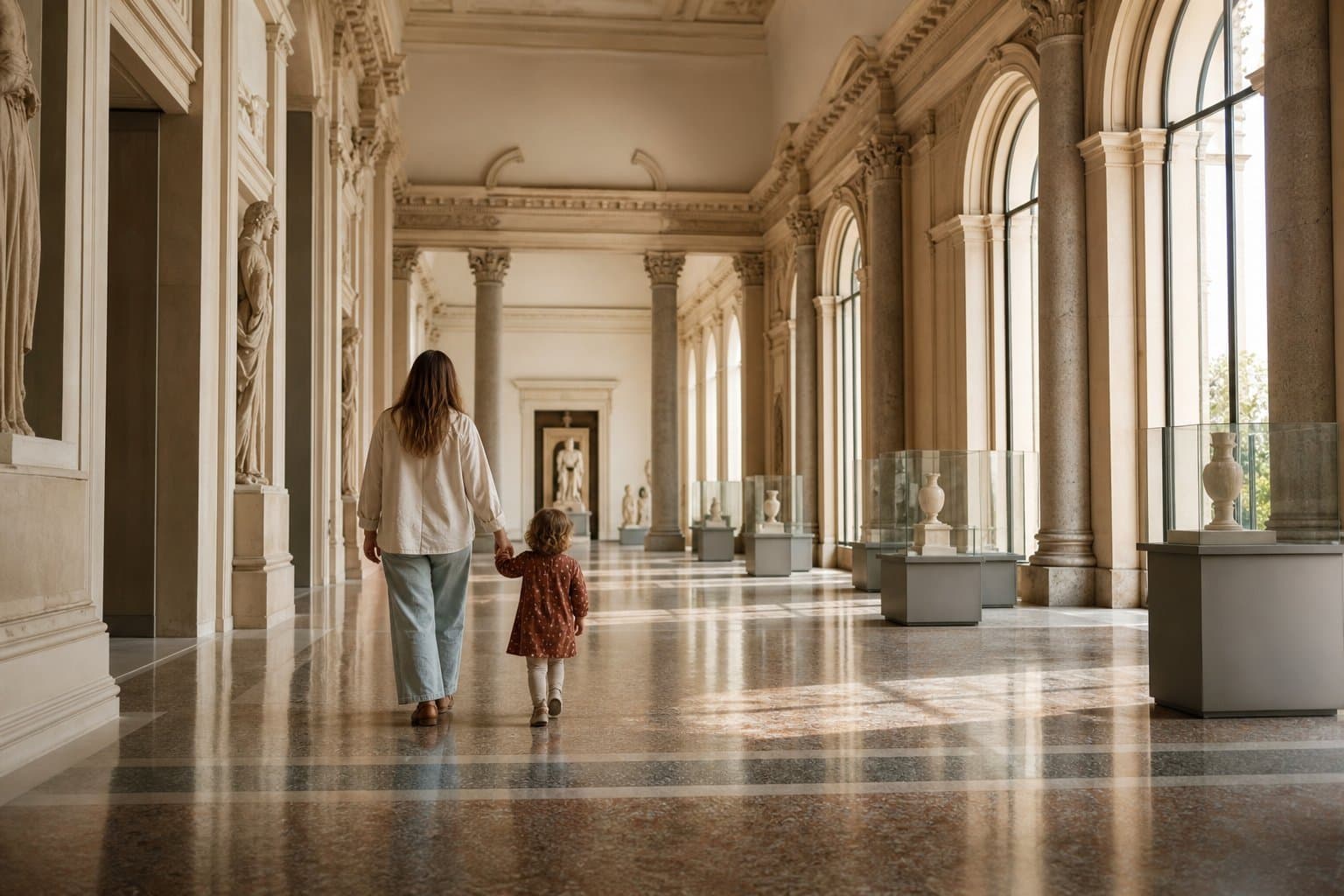 Mamma e bambina passeggiano in una galleria museale luminosa