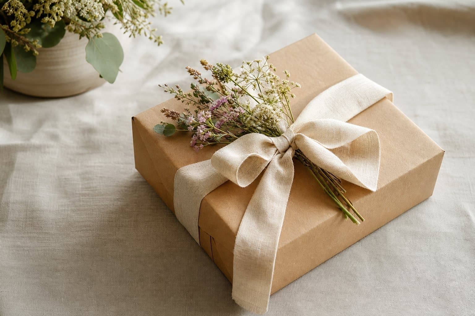 Pacchetto regalo di nascita con nastro in lino e fiori di campo