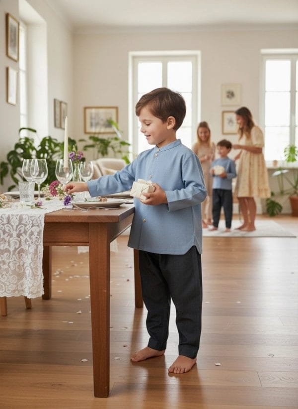 Camicia Coreana manica lunga Azzurro polvere e denim Cerimonia in famiglia di Farway Milano