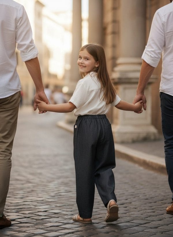 Pantalone denim Azzurro polvere e denim Passeggiata con mamma e papa di Farway Milano