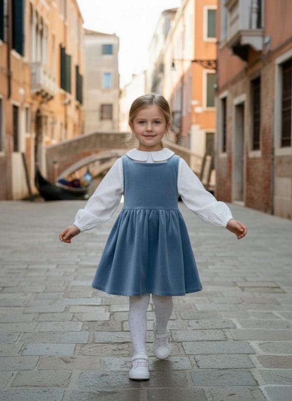 Abito Anjeliy Smanicato in velluto Azzurro polvere e denim Passeggiata con mamma e papa di Farway Milano