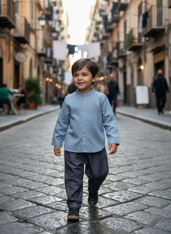 Camicia Coreana manica lunga Azzurro polvere e denim Passeggiata con mamma e papa di Farway Milano