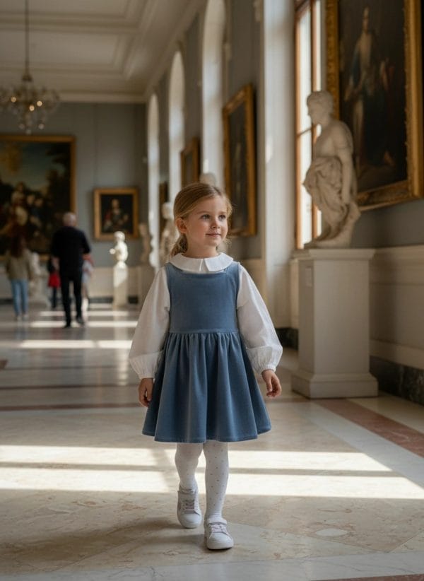 Abito Anjeliy Smanicato in velluto Azzurro polvere e denim Pomeriggio al museo di Farway Milano