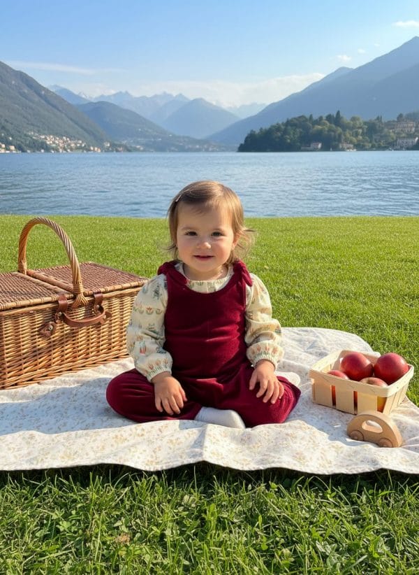 Tutina smanicata con fiocco Bordeaux e mattone Picnic al parco di Farway Milano