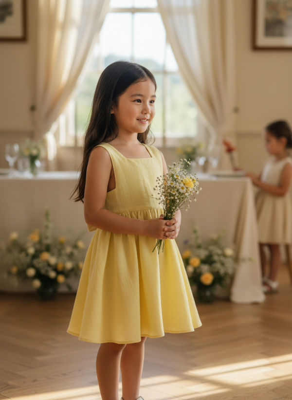 Abito Charlotte smanicato in mussola Giallo e ocra Cerimonia in famiglia di Farway Milano