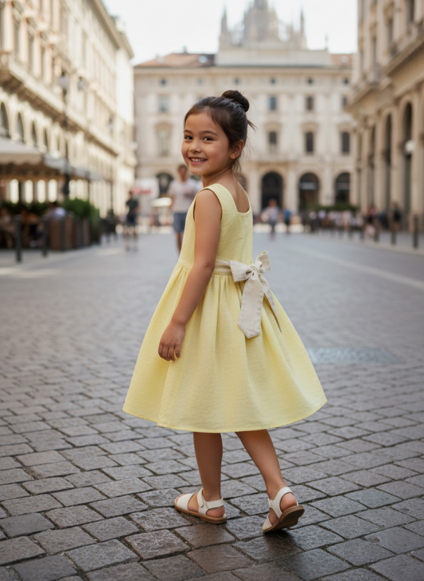 Abito Charlotte smanicato in mussola Giallo e ocra Passeggiata con mamma e papa di Farway Milano