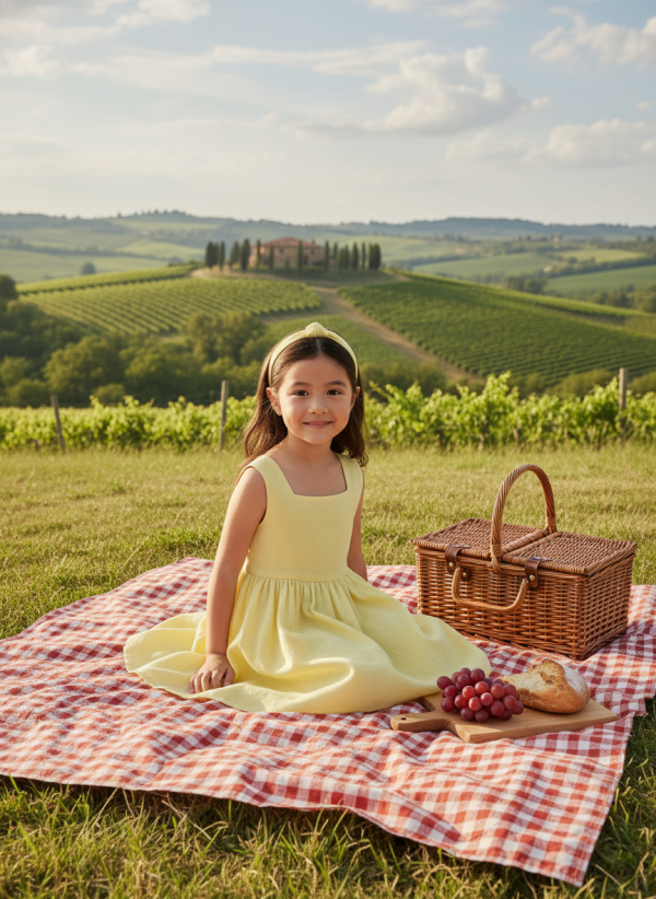 Abito Charlotte smanicato in mussola Giallo e ocra Picnic al parco di Farway Milano