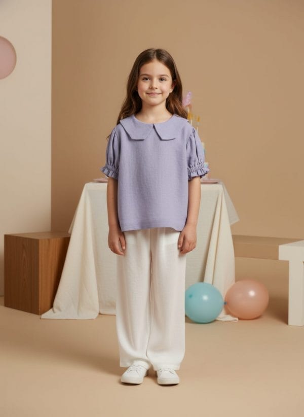 Camicia Masha manica corta a sbuffo Lilla e lavanda Compleanno di Farway Milano