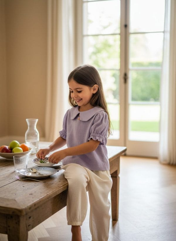 Camicia Masha manica corta a sbuffo Lilla e lavanda Pranzi semplici ed eleganti di Farway Milano