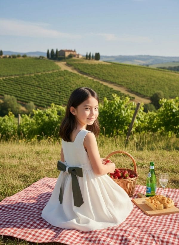 Abito Charlotte smanicato in lino Panna e avorio Picnic al parco di Farway Milano