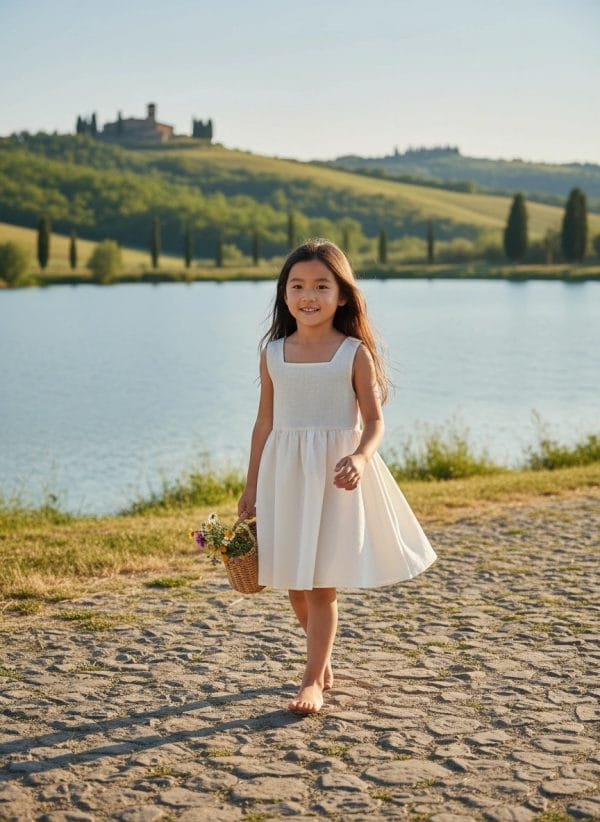 Abito Charlotte smanicato in lino Panna e avorio Weekend al lago di Farway Milano