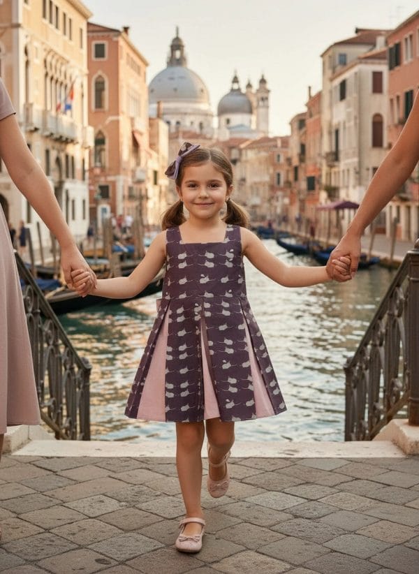 Abito Masha smanicato bicolore Elefantini Prugna profondo Passeggiata con mamma e papa di Farway Milano