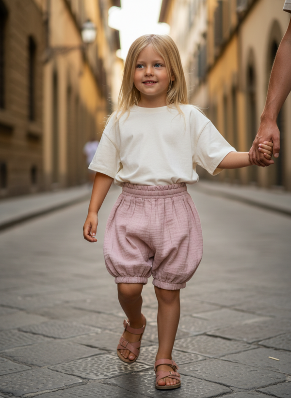 Pantaloncino a palloncino mussolina Rosa pastello e antico Passeggiata con mamma e papa di Farway Milano
