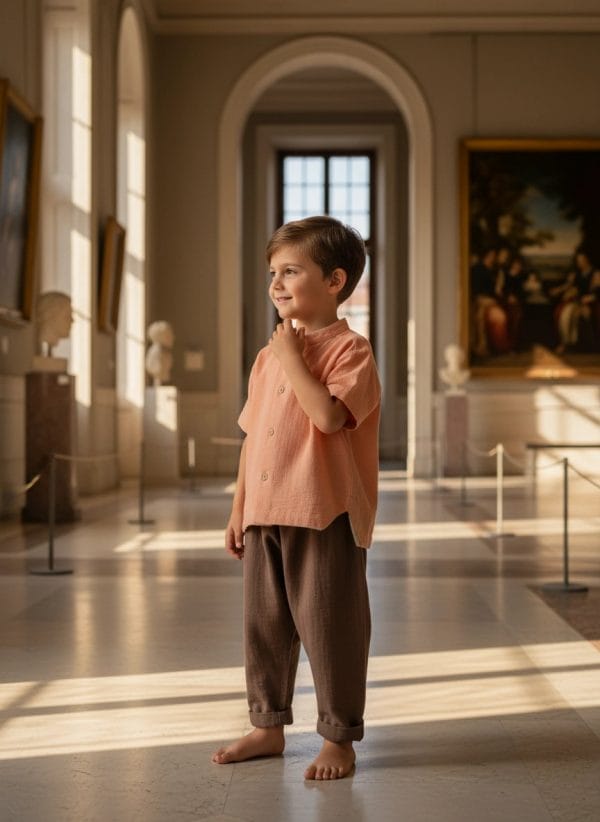 Camicia alla Coreana in Mussola Rosa pastello e antico Pomeriggio al museo di Farway Milano