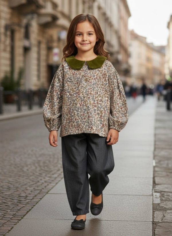 Camicia con colletto in velluto Verde bosco e scuri Passeggiata con mamma e papa di Farway Milano