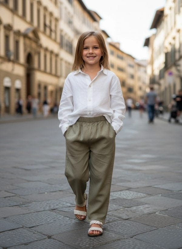 Pantalone Capri sfilacciato Verde khaki e militare Passeggiata con mamma e papa di Farway Milano
