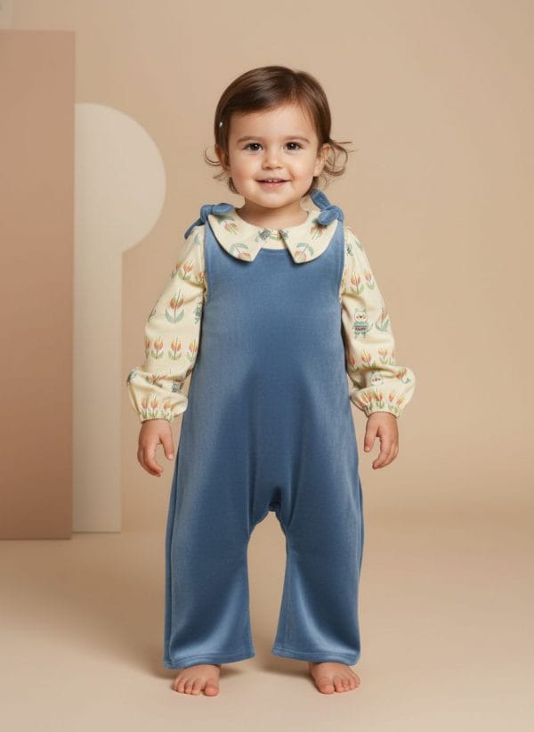 Tutina smanicata con fiocco Azzurro polvere e denim Front di Farway Milano