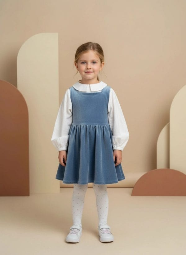 Abito Anjeliy Smanicato in velluto Azzurro polvere e denim Front di Farway Milano